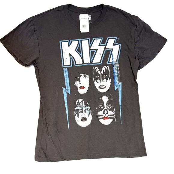 KISS Faces Cover Gray Short Sleeve Band T Shirt Retro Look 100% Cotton Large New - Picture 1 of 4